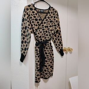 Black and Tan Patterned Wrap Dress